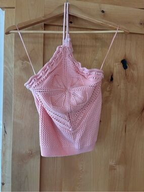 525 America Adorable Pink Crochet Halter Knit Top